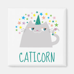 Katten Witte Eenhoorn Caticorn Kleurrijke Sterren  Magneet