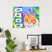 Katten zijn mijn stam | Oranje kat en bloemen Poster (Thuiskantoor)