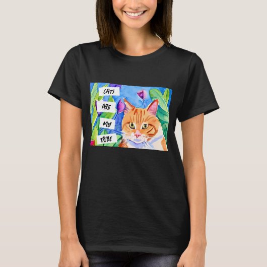 Katten zijn mijn stam | Oranje kat en bloemen T-shirt (Voorkant)