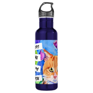 Katten zijn mijn stam   Oranje kat en bloemen Waterfles