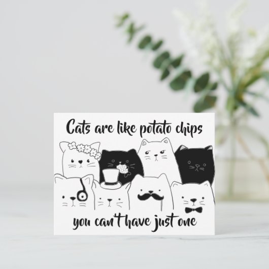 Katten zijn net als aardappelchips/kat-doosje briefkaart (Staand voorkant)