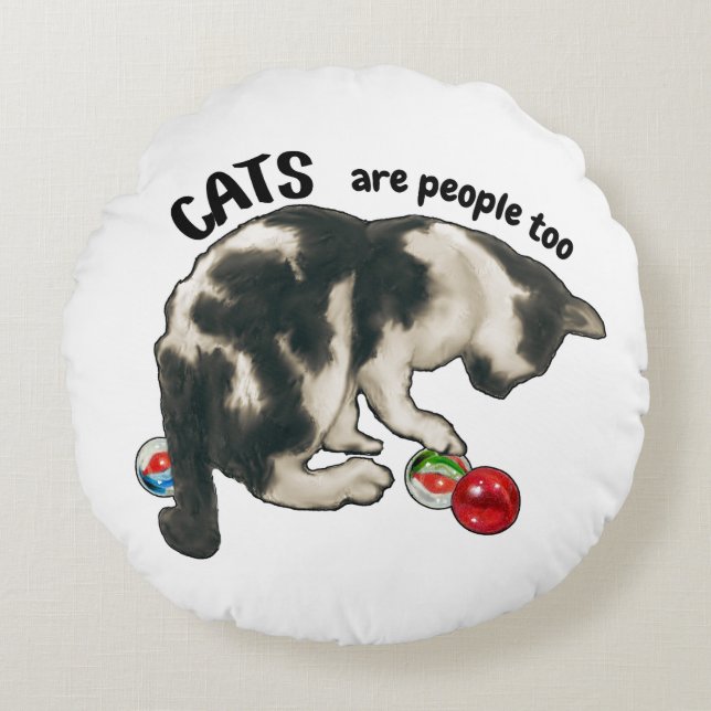 KATten zijn ook mensen, kat en KNikkers Rond Kussen (Voorkant)