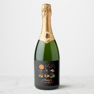 Katten Zwart Kat Halloween en Vrolijk Kerstfeest G Sparkling Wijnetiket