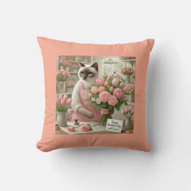 Kattenbloemist met bloemen voor Cat Mom Moederdag Kussen (Voorkant)
