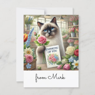 Kattenbloemist met kaart die aan je denkt