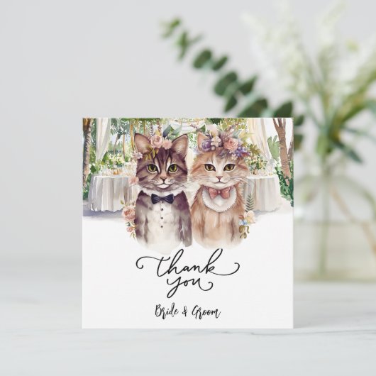 Kattenbruiloft met bruid en bruidegom bedankkaart (Staand voorkant)