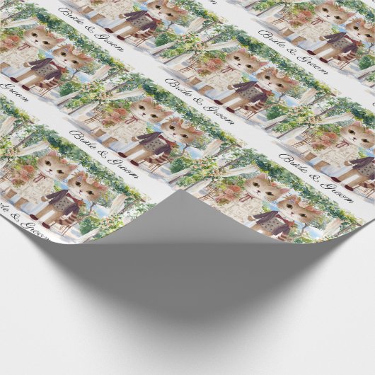 Kattenbruiloft met bruid en bruidegom cadeaupapier (Hoek)