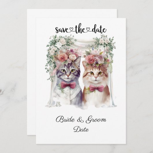 Kattenbruiloft met bruid en bruidegom save the date (Voorkant / Achterkant)
