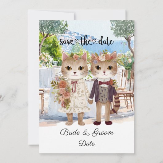 Kattenbruiloft met bruid en bruidegom save the date (Voorkant)