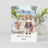 Kattenbruiloft met bruid en bruidegom save the date (Staand voorkant)