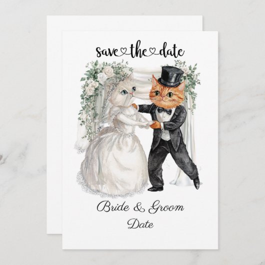 Kattenbruiloft met bruid en bruidegom save the date (Voorkant / Achterkant)