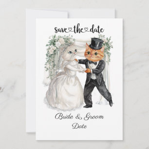 Kattenbruiloft met bruid en bruidegom save the date