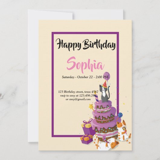 Kattencake paarse verjaardagskaart kaart (Voorkant)