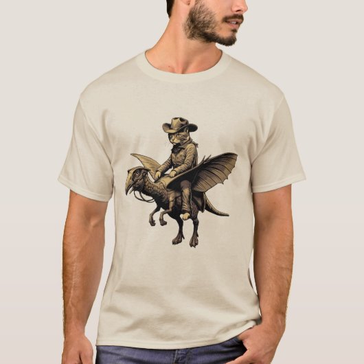 Kattencowboy rijdend op dinosaurus Achaeopteryx T-shirt (Voorkant)