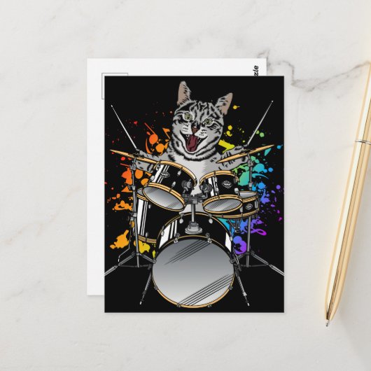 Kattendrummer Speelt Drums Briefkaart (Voorkant / Achterkant in situ)