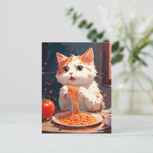 Kattenetende spaghetti briefkaart (Staand voorkant)