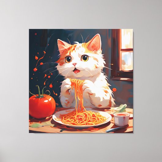 Kattenetende spaghetti canvas afdruk (Voorkant)