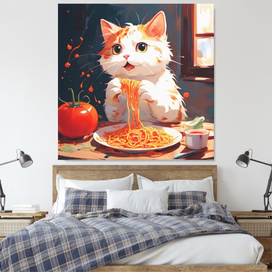 Kattenetende spaghetti canvas afdruk (Insitu (Slaapkamer))