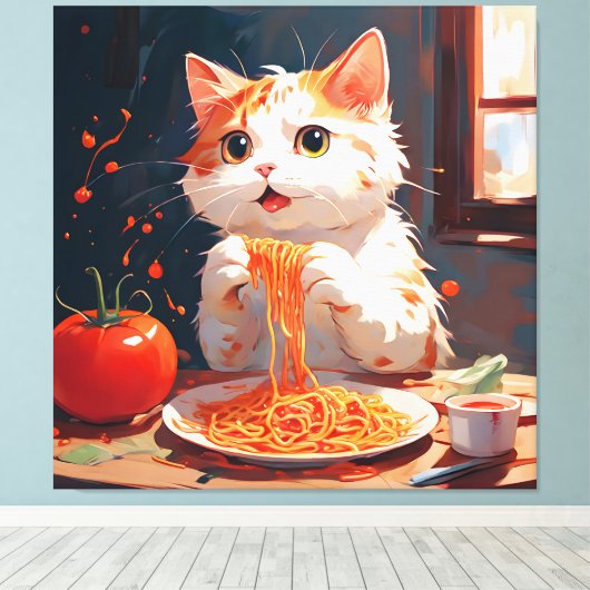 Kattenetende spaghetti canvas afdruk (Insitu (Houten vloer))