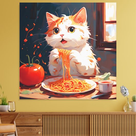 Kattenetende spaghetti canvas afdruk (Insitu (Woonkamer))