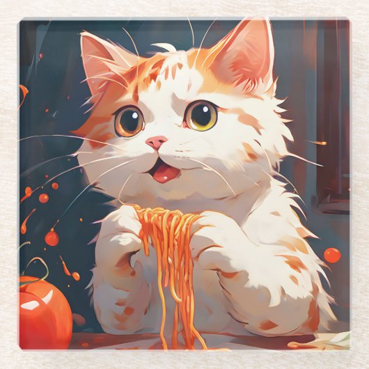 Kattenetende spaghetti glazen onderzetter (Voorkant)