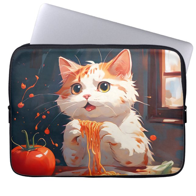 Kattenetende spaghetti laptop sleeve (Voorkant)