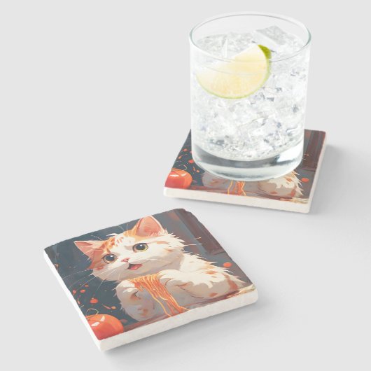 Kattenetende spaghetti stenen onderzetter (Zijkant)