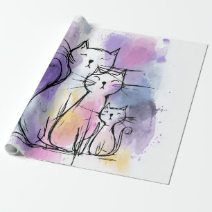 Kattenfamilie Aquarel Artistiek Inpakpapier Cadeau