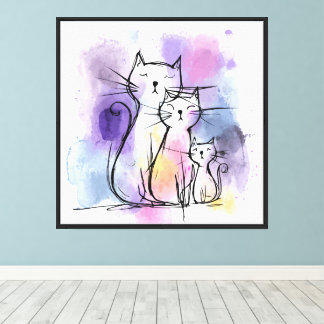 Kattenfamilie Watercolor Giclee Canvas Muur Kunst Afdruk