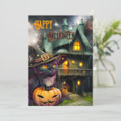 Kattenfantasie Halloween-verjaardagskaart met pomp Feestdagenkaart (Staand voorkant)