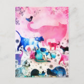 Kattenfeesthuis Glitter Kunst Roze Waterverf Feestdagenkaart (Voorkant)