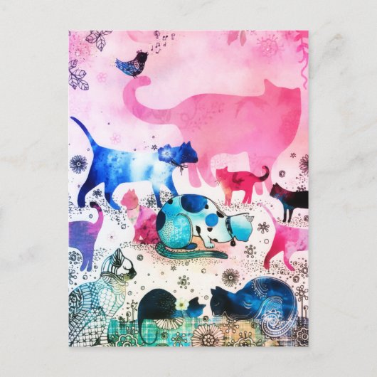 Kattenfeesthuis Glitter Kunst Roze Waterverf Feestdagenkaart (Voorkant)