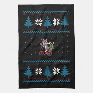 Kattenfiets lelijk kerstfeest theedoek