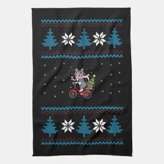 Kattenfiets lelijk kerstfeest theedoek (Verticaal)