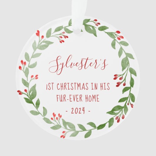 Kattenfoto 1e Kerst Waterverf Krans 2024 Ornament (voorkant)