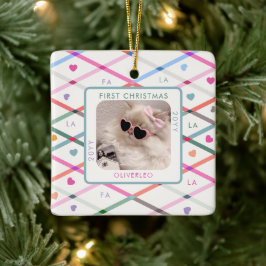 Kattenfoto Eerste Kerstmismiauw Pastel Patroon Keramisch Ornament