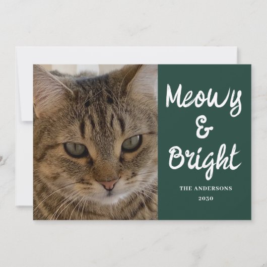 Kattenfoto Groene Meowy en Heldere Kerstmis Feestdagenkaart (Voorkant)