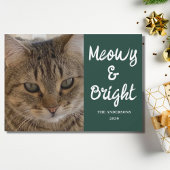 Kattenfoto Groene Meowy en Heldere Kerstmis Feestdagenkaart