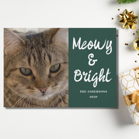 Kattenfoto Groene Meowy en Heldere Kerstmis Feestdagenkaart