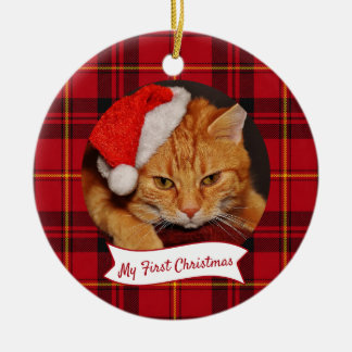 Kattenfoto Rode Tartan Schotse Ruit Huisdier Eerst Keramisch Ornament