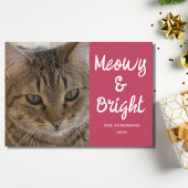 Kattenfoto Roze Meowy en Heldere Kerstmis Feestdagenkaart