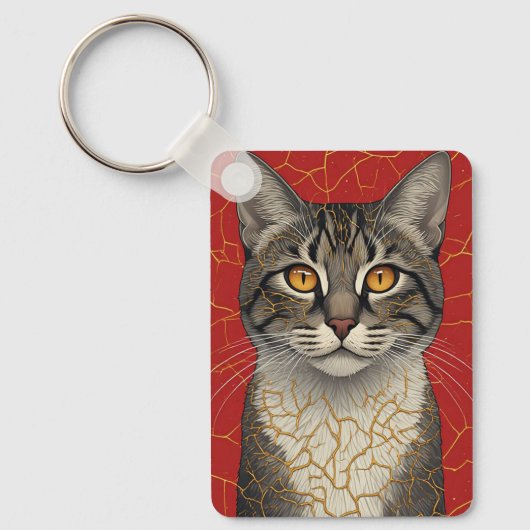 Kattengezicht Close-up Met Gouden Kintsugi Markeri Sleutelhanger (Voorkant)
