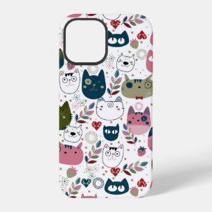 Kattengezichten gedempte warme groene patroon (all iPhone 12 pro hoesje