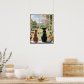 Kattenhond kijkt uit het raam poster (Keuken)