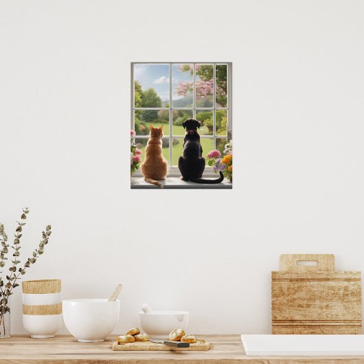 Kattenhond kijkt uit het raam poster (Keuken)