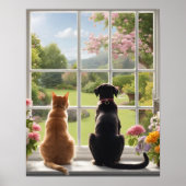 Kattenhond kijkt uit het raam poster (Voorkant)