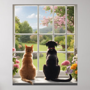 Kattenhond kijkt uit het raam poster