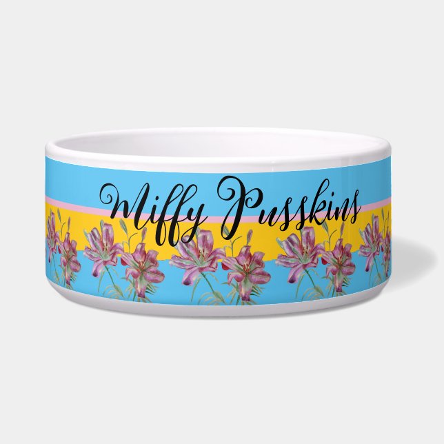 Kattenhond Shabby Bloemen Roze Lelie Schattige Hui Voerbakje (Voorkant)