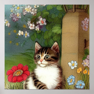 Kattenillustratie met lentevloeren Poster