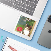  Kattenillustratie met lentevloeren Sticker (Laptop met iPhone)